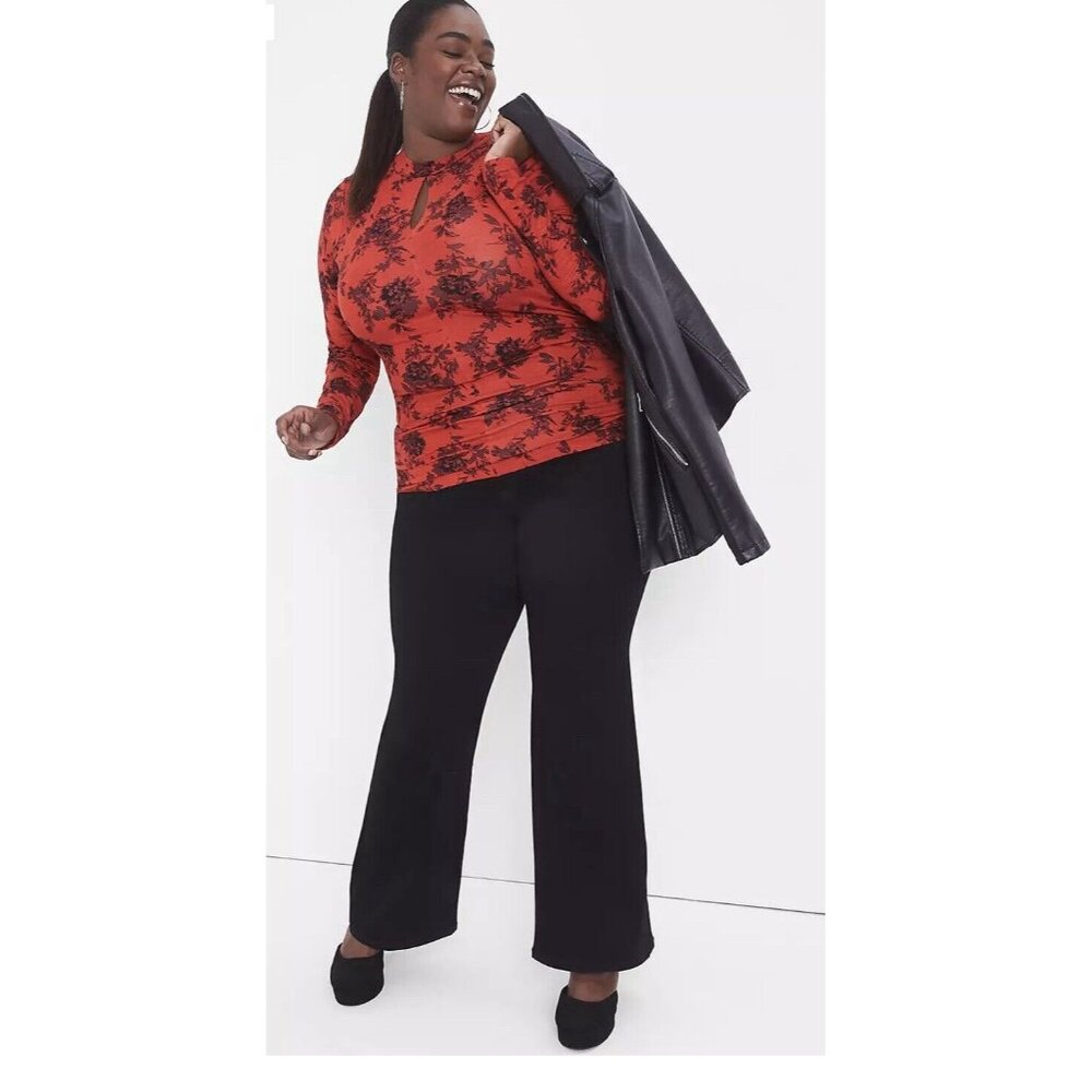 NWT Lane Bryant Ruched Shirt Women's Size 18/20 Red Black Floral Long Sleeve Top
